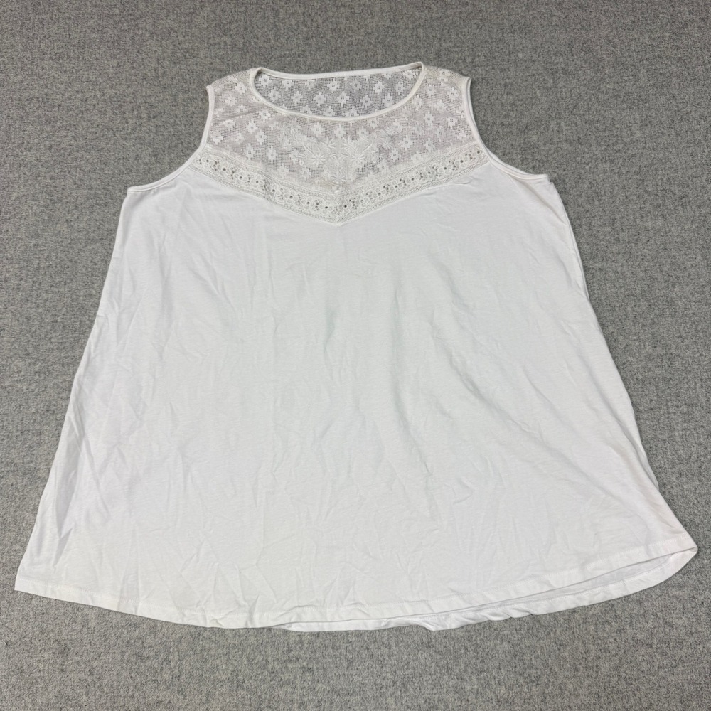 Andrea Jovine Tank Top 1X White Lace Yoke Floral Embroidery Sleeveless Boho Top